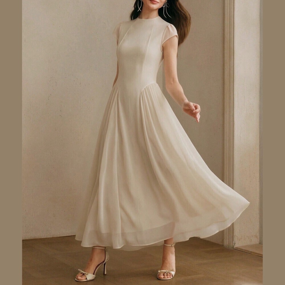 Cream Knit Stand Collar Cap Sleeve Pleated A-Line Midi Dress